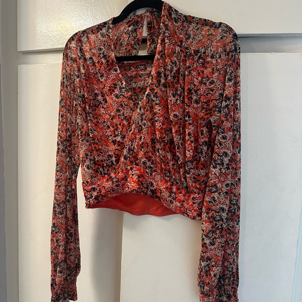 Red and Black Long Sleeve Crop Wrap Blouse